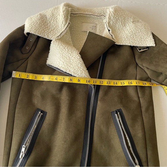 J.O.A. Olive Bomber Jacket withShearling Collar Faux Suede Sherpa Moto Cabincore - Picture 12 of 14